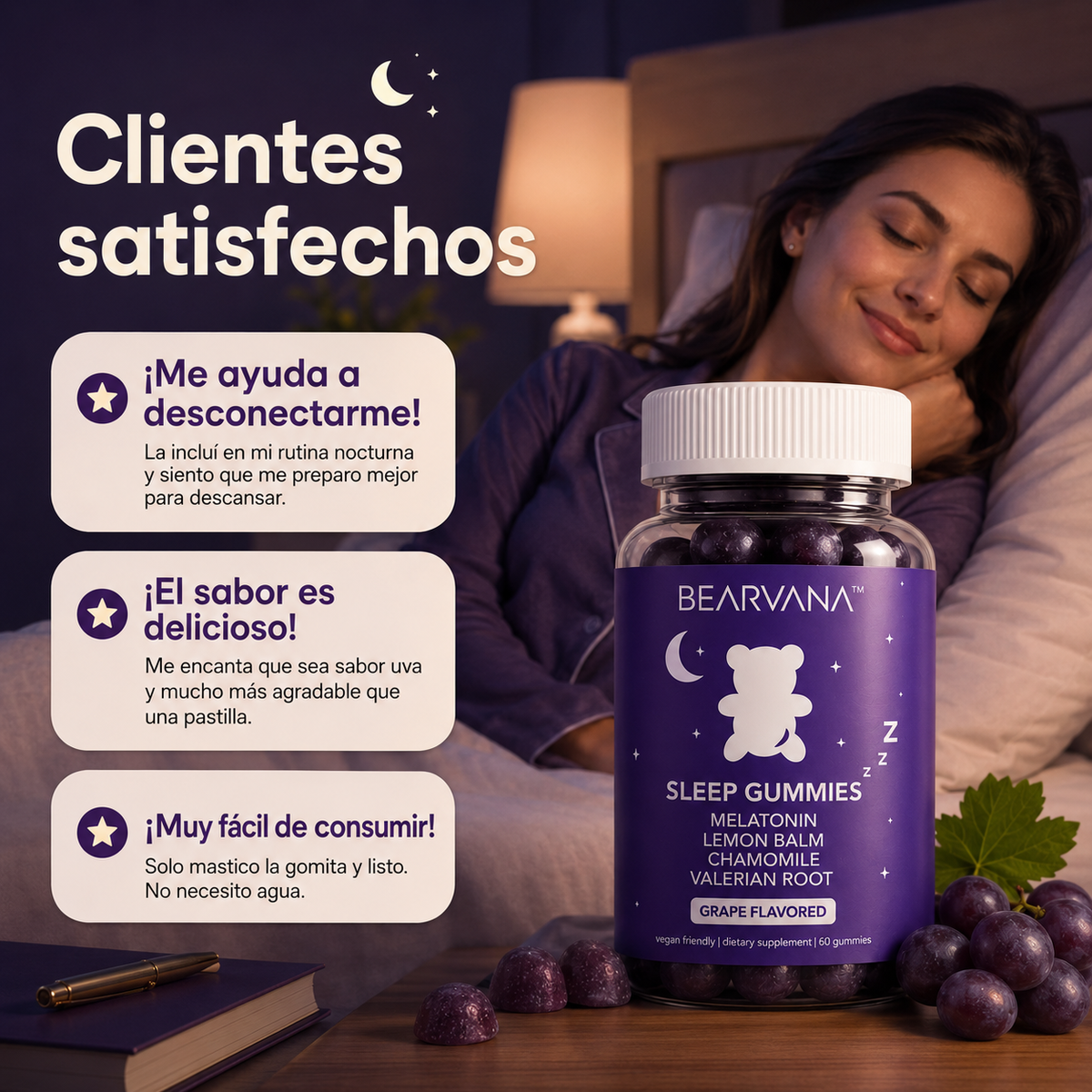 🌙 Gomitas para Dormir Mejor 🍇 | 60 Unidades Sabor Uva con Melatonina y Extractos Botánicos🌱