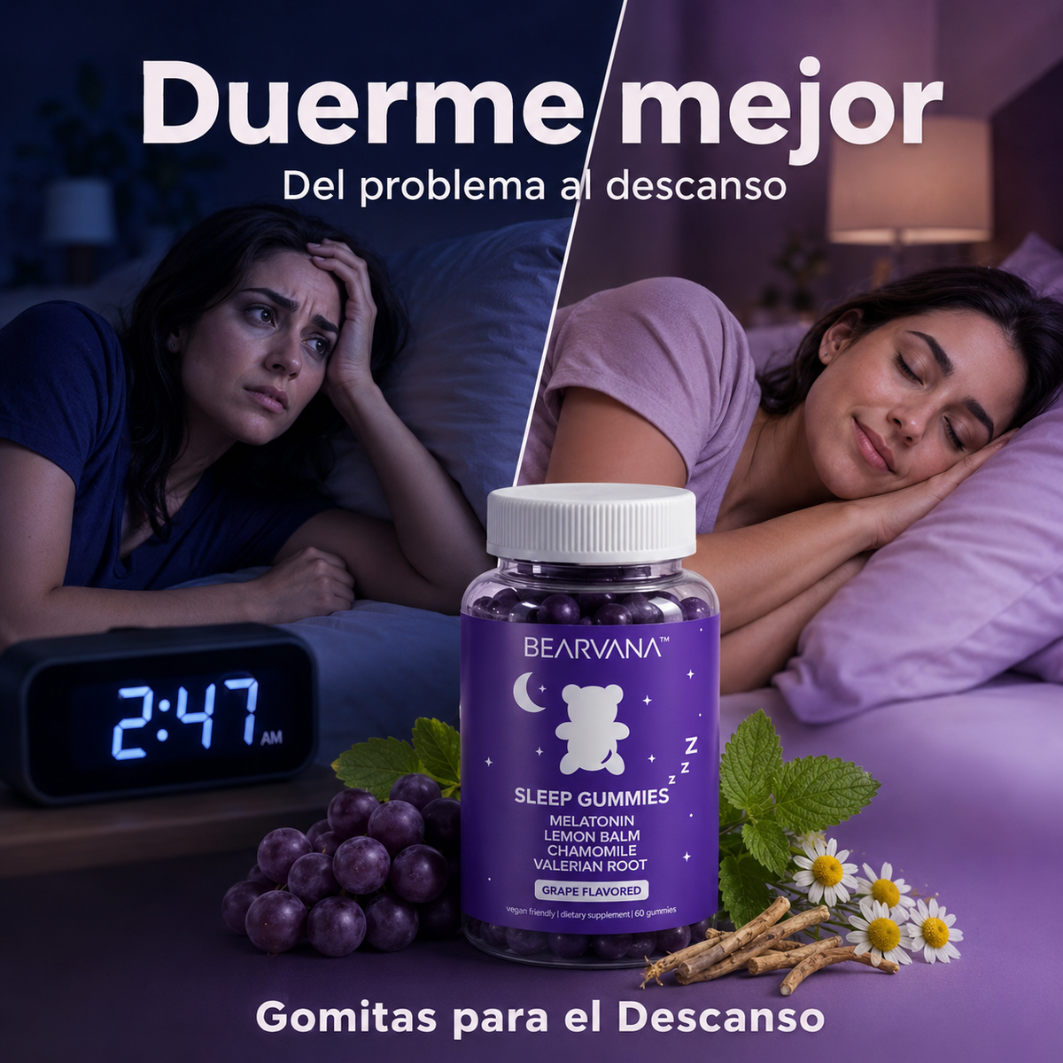 🌙 Gomitas para Dormir Mejor 🍇 | 60 Unidades Sabor Uva con Melatonina y Extractos Botánicos🌱