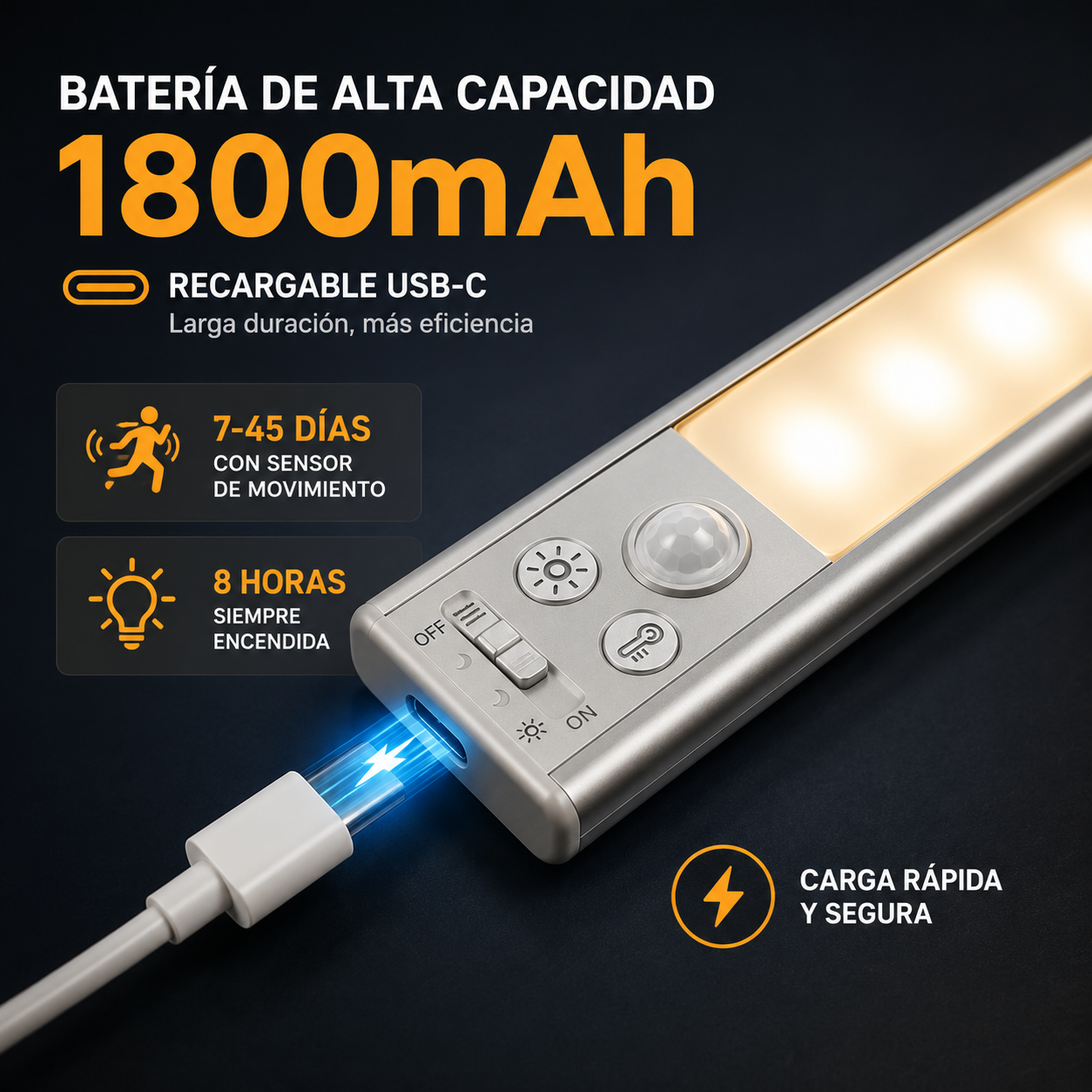 💡 Lámpara LED Inteligente Recargable con Sensor de Movimiento 30 cm ✨