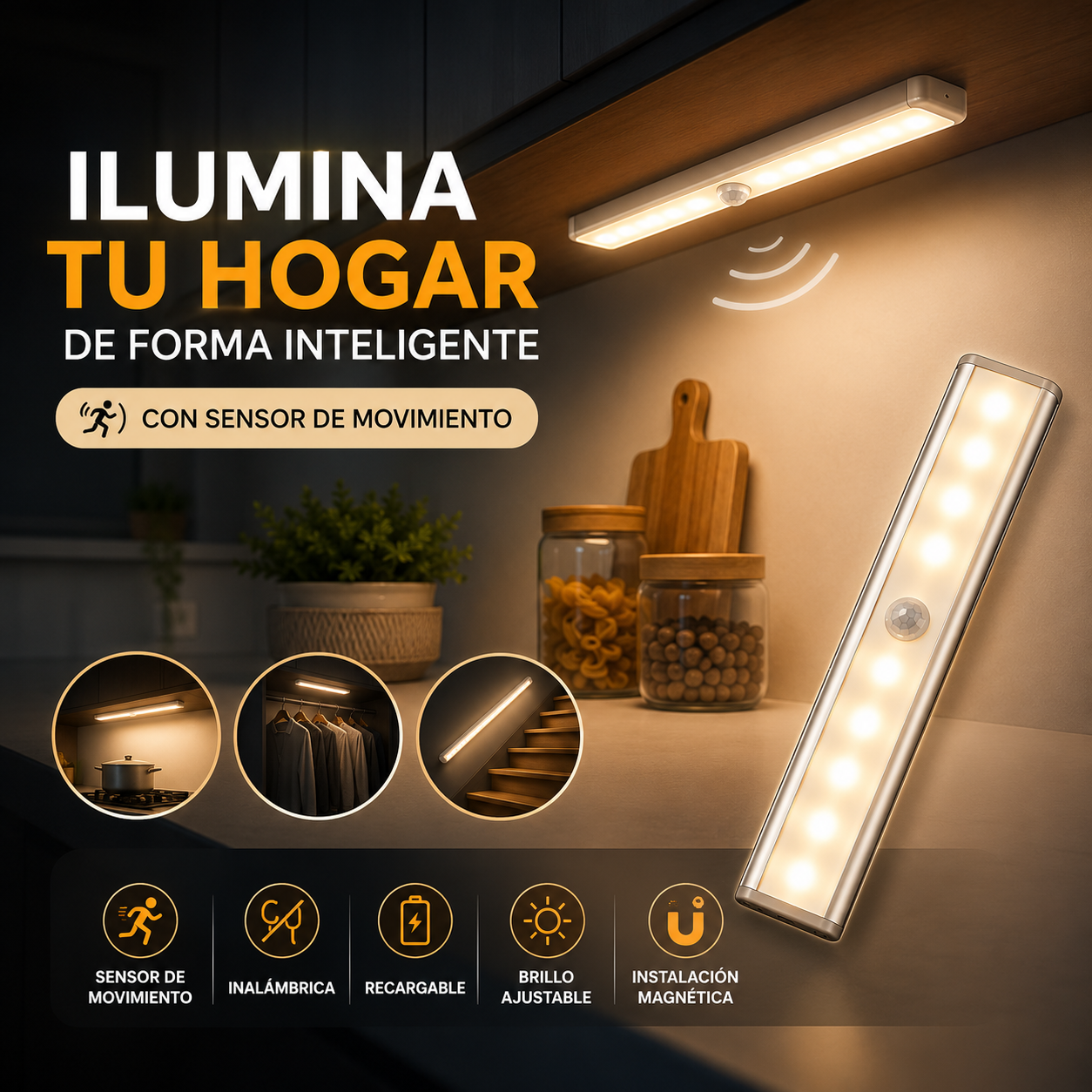 💡 Lámpara LED Inteligente Recargable con Sensor de Movimiento 30 cm ✨