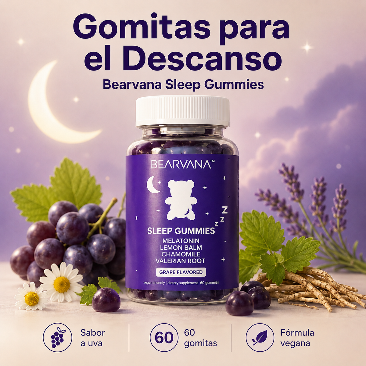 🌙 Gomitas para Dormir Mejor 🍇 | 60 Unidades Sabor Uva con Melatonina y Extractos Botánicos🌱
