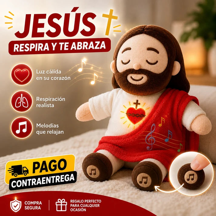 💖 Peluche Jesús Conmigo™ | Respiración, Música y Luz Relajante